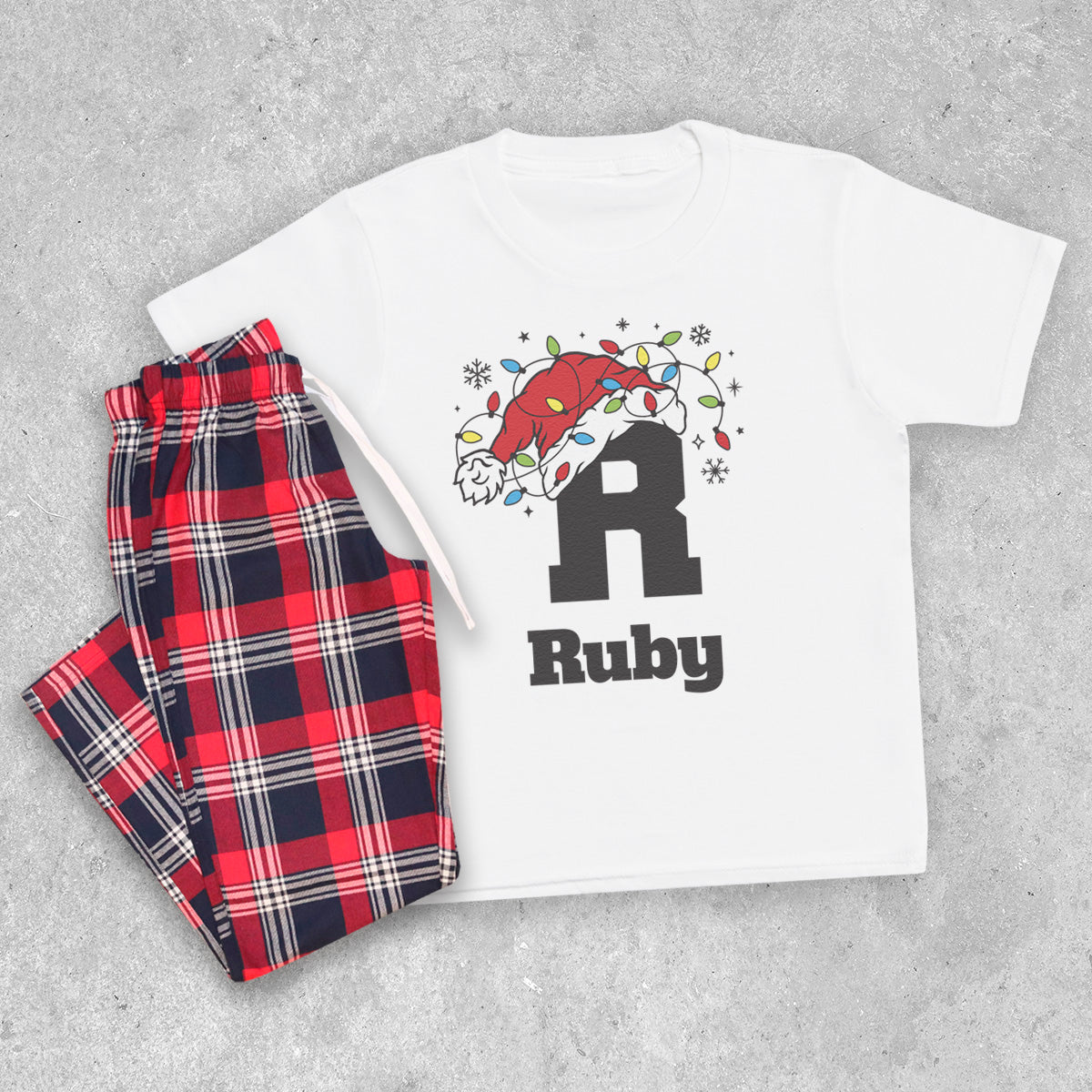 PERSONALISED Initial Santa Hat - Family Matching Christmas Pyjamas - Top & Tartan PJ Bottoms