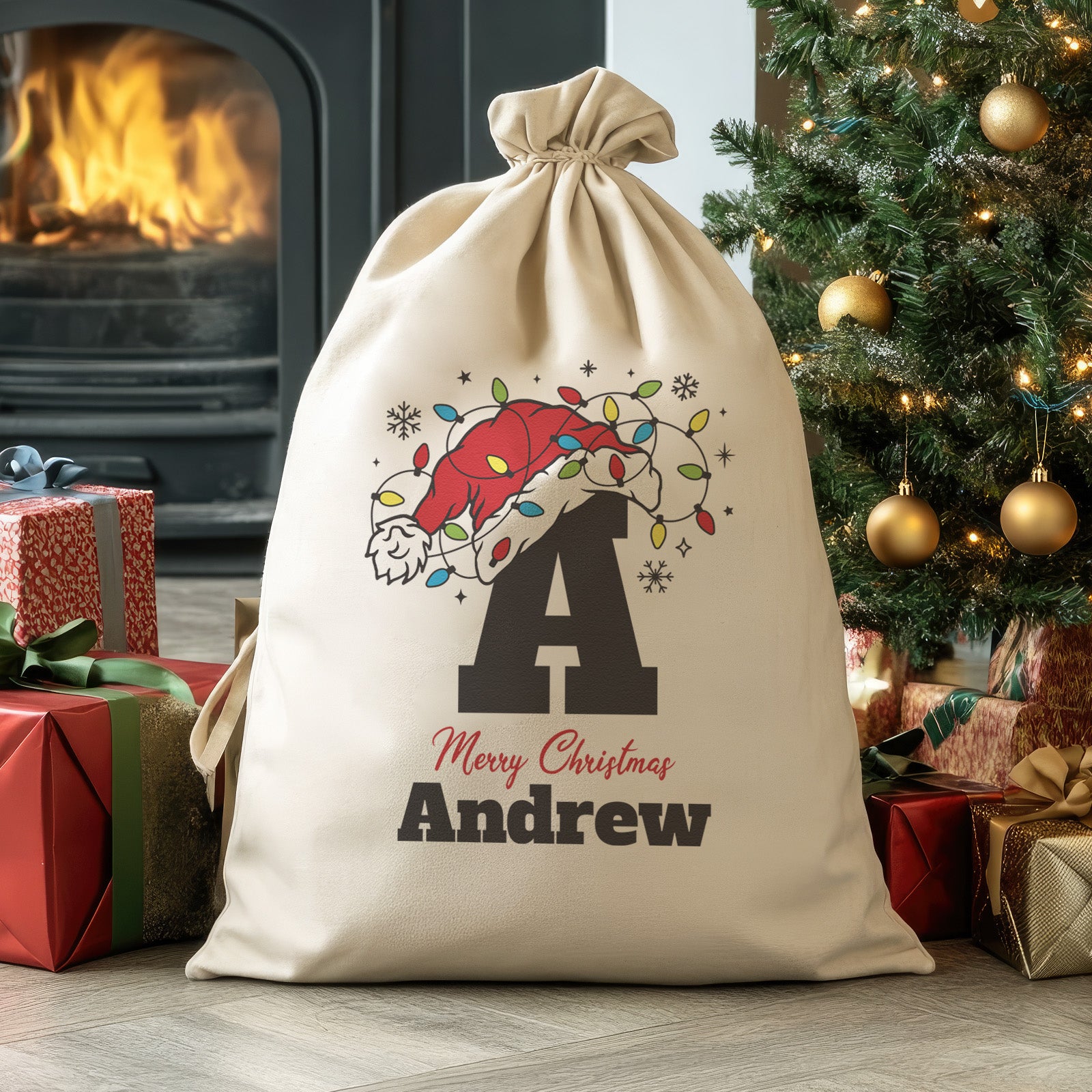 Personalised Merry Christmas Initial Hat Lights & Name - Christmas Santa Sack