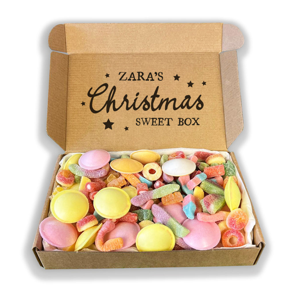 PERSONALISED Name Christmas Sweet Box & Stars - Jelly & Fizzy Sweet Box