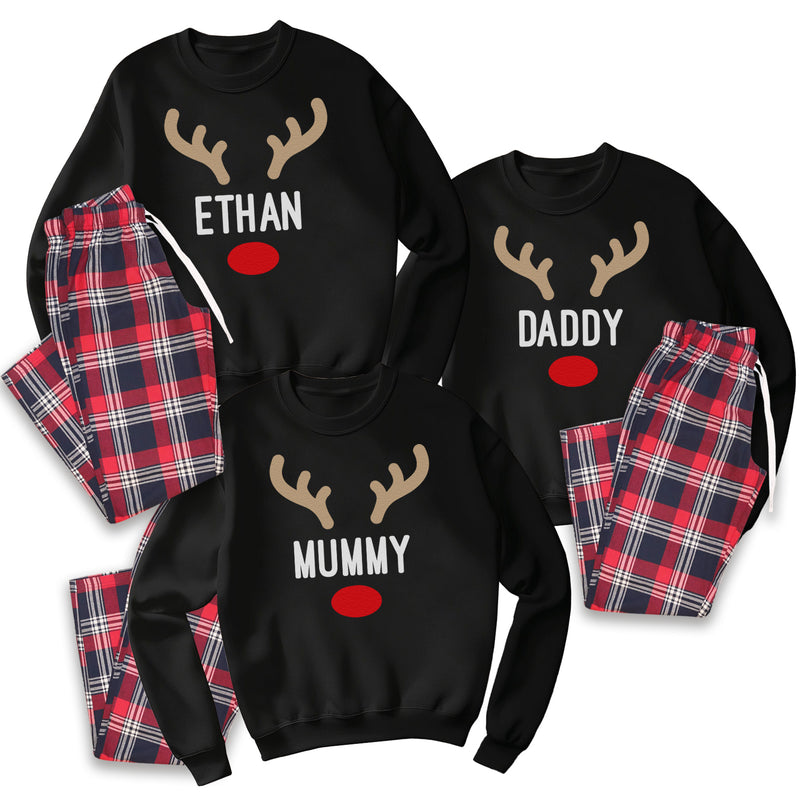 PERSONALISED Name Reindeer - Family Matching Christmas Pyjamas - Sweater & Tartan PJ Bottoms - (Sold Separately)