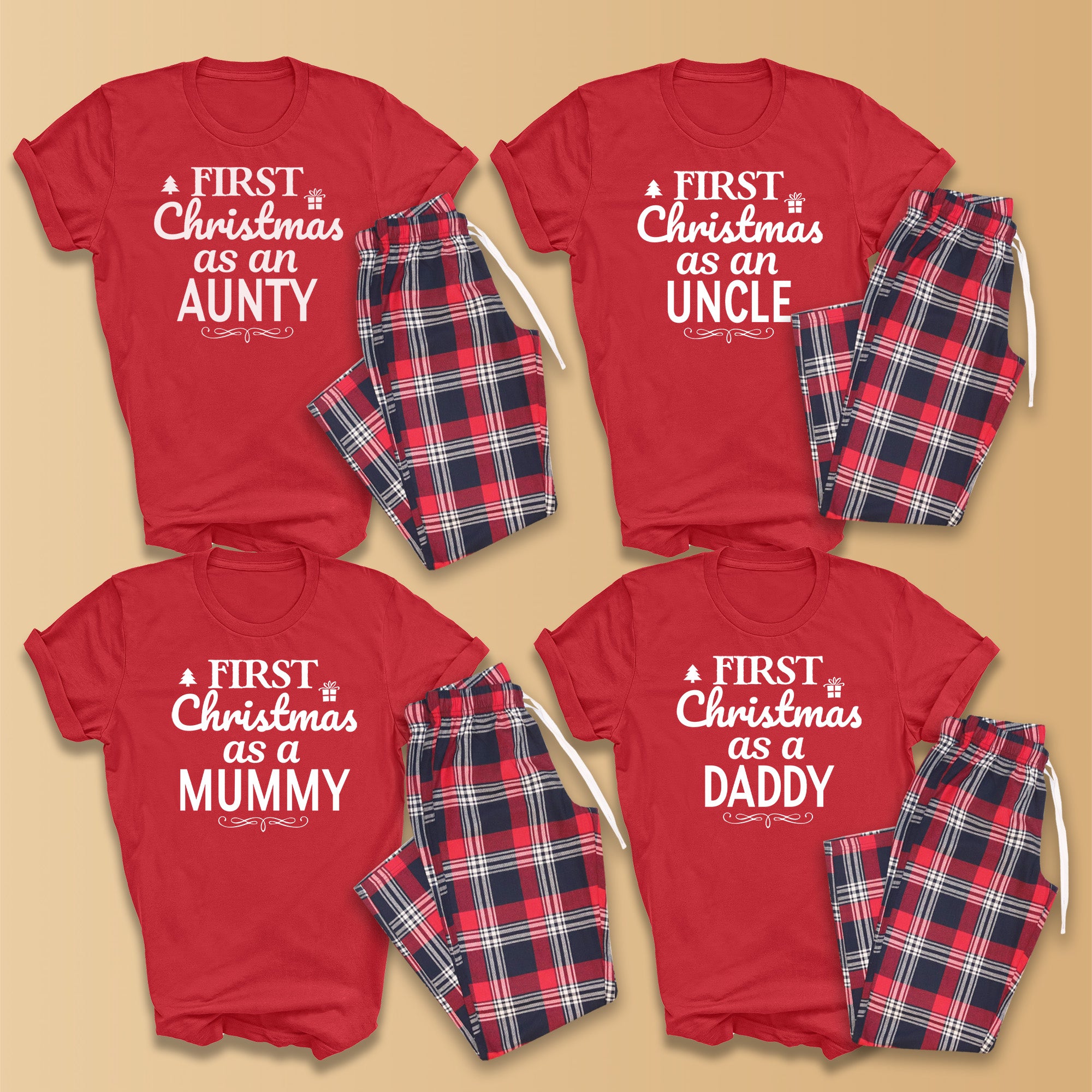 PERSONALISED Family Name First Chrsitmas - Family Matching Christmas Pyjamas - Top & Tartan PJ Bottoms - (Sold Separately)