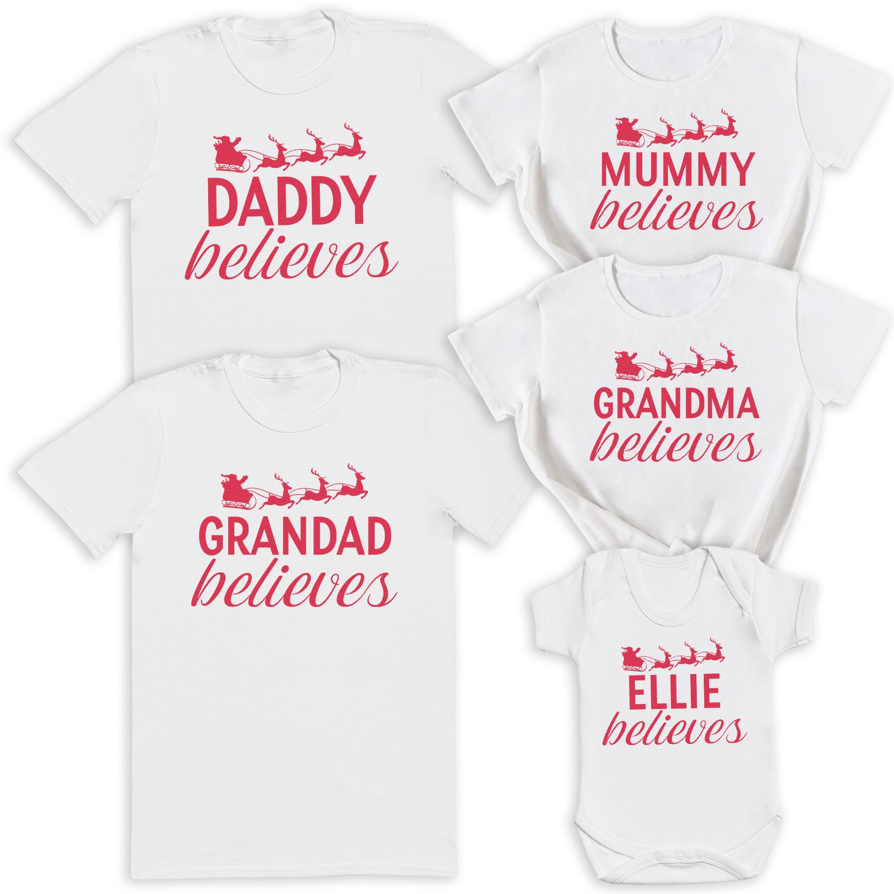 PERSONALISED Name Believes with Sleigh - Family Matching Christmas Tops - Adult, Kids & Baby - (Sold Separately)