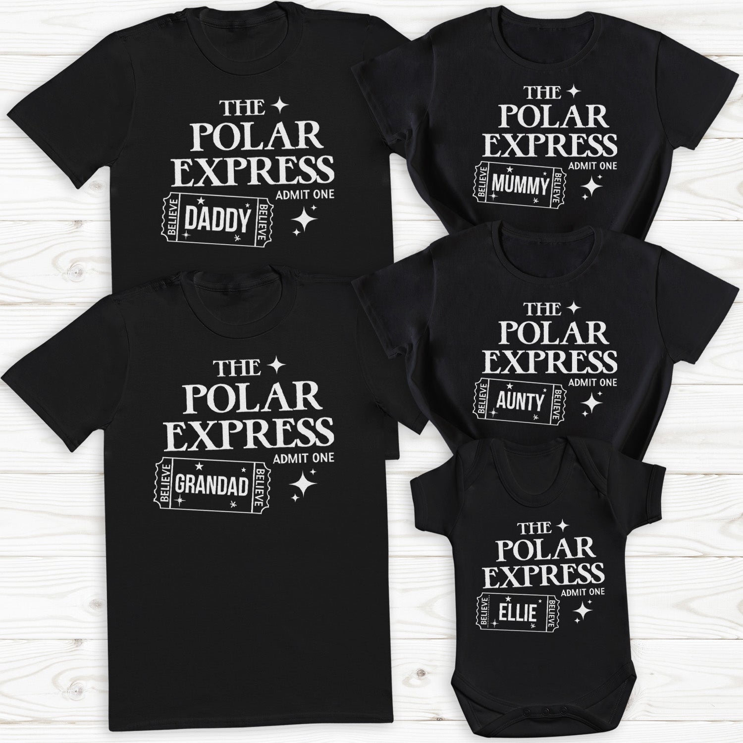 PERSONALISED Name The Polar Express Admit One - Family Matching Christmas Tops - Adult, Kids & Baby - (Sold Separately)