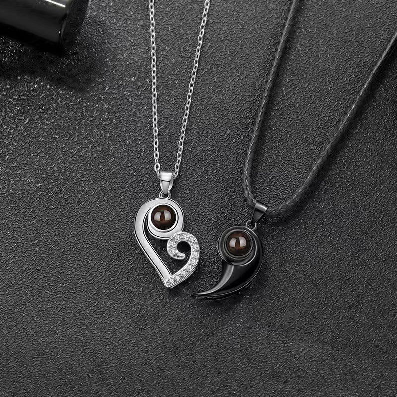 Trendy Black and White Heart Design Projection Gem Necklace - Photo Projection Unique Gift