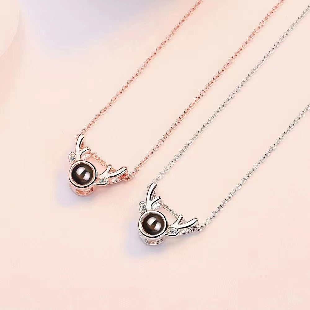 Trendy Simple Round with Deer Design Projection Gem Necklace - Photo Projection Unique Gift