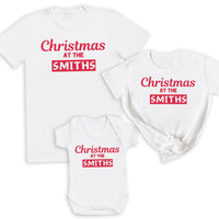 Personalised Christmas At The 'Custom Name' - Family Matching Christmas Tops - White T-Shirts - (Sold Separately)