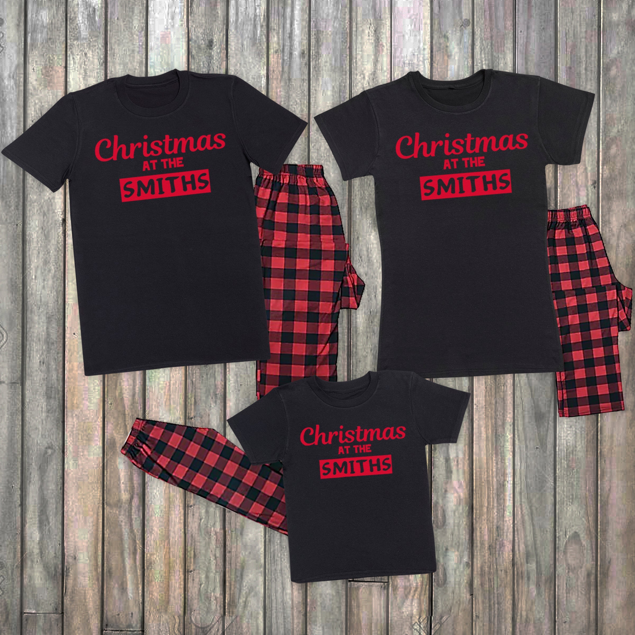 Christmas At The 'Custom Name' - Family Matching Christmas Pyjama - Black T-Shirts & Pj Bottoms - (Sold Separately)