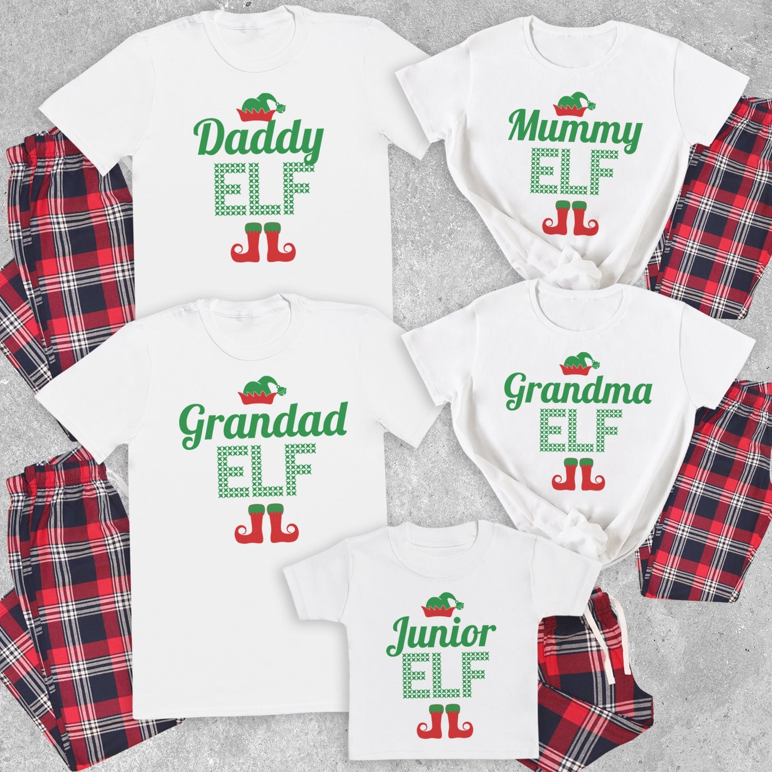 Elf Family With Hat & Feet - Family Matching Christmas Pyjamas - Top & Tartan PJ Bottoms - (Sold Separately)