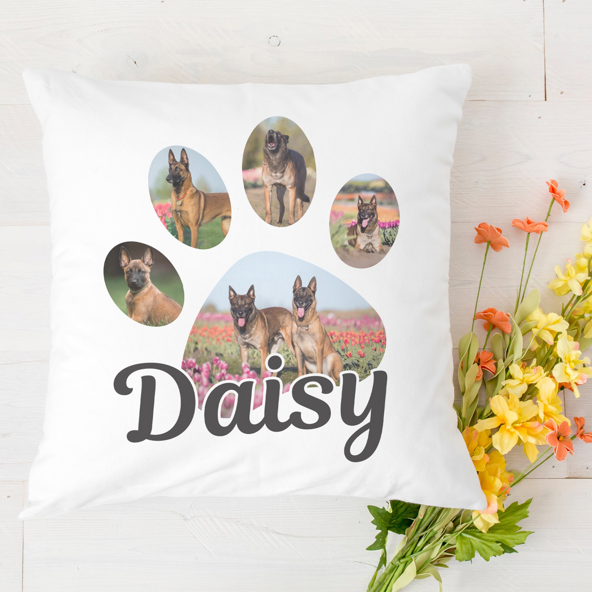 Personalised 5 Photo Paw & Name - Printed Cushion Cover - One Size