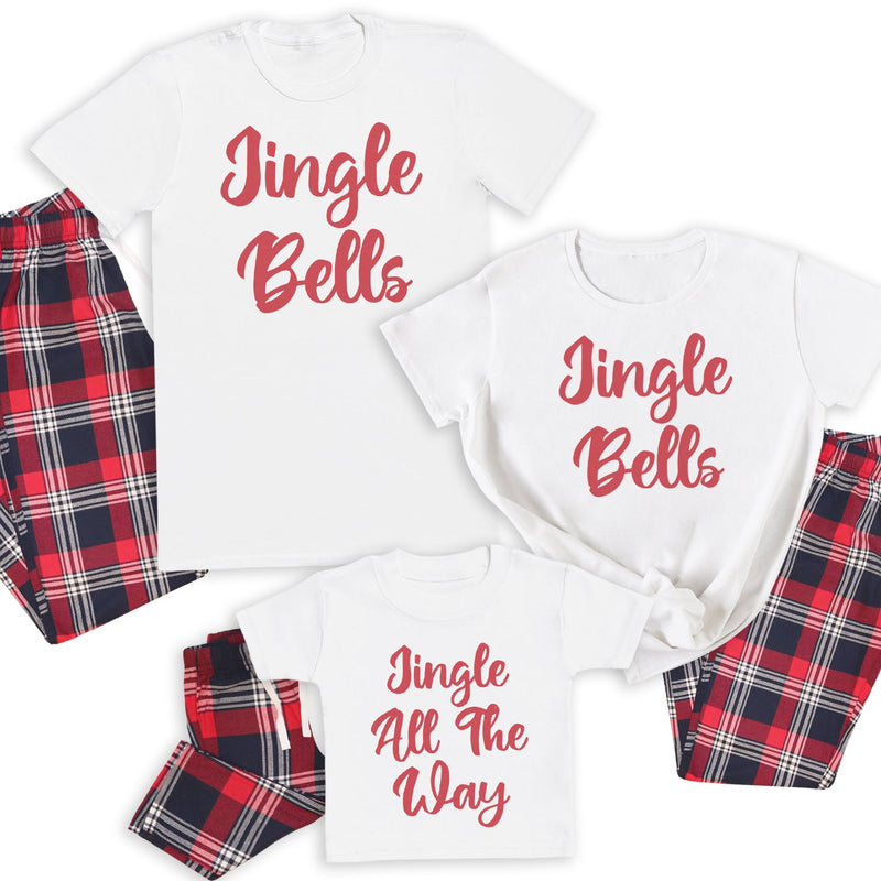 Jingle Bells, Jingle Bells & Jingle All The Way - Family Matching Christmas Pyjamas - Top & Tartan PJ Bottoms - (Sold Separately)