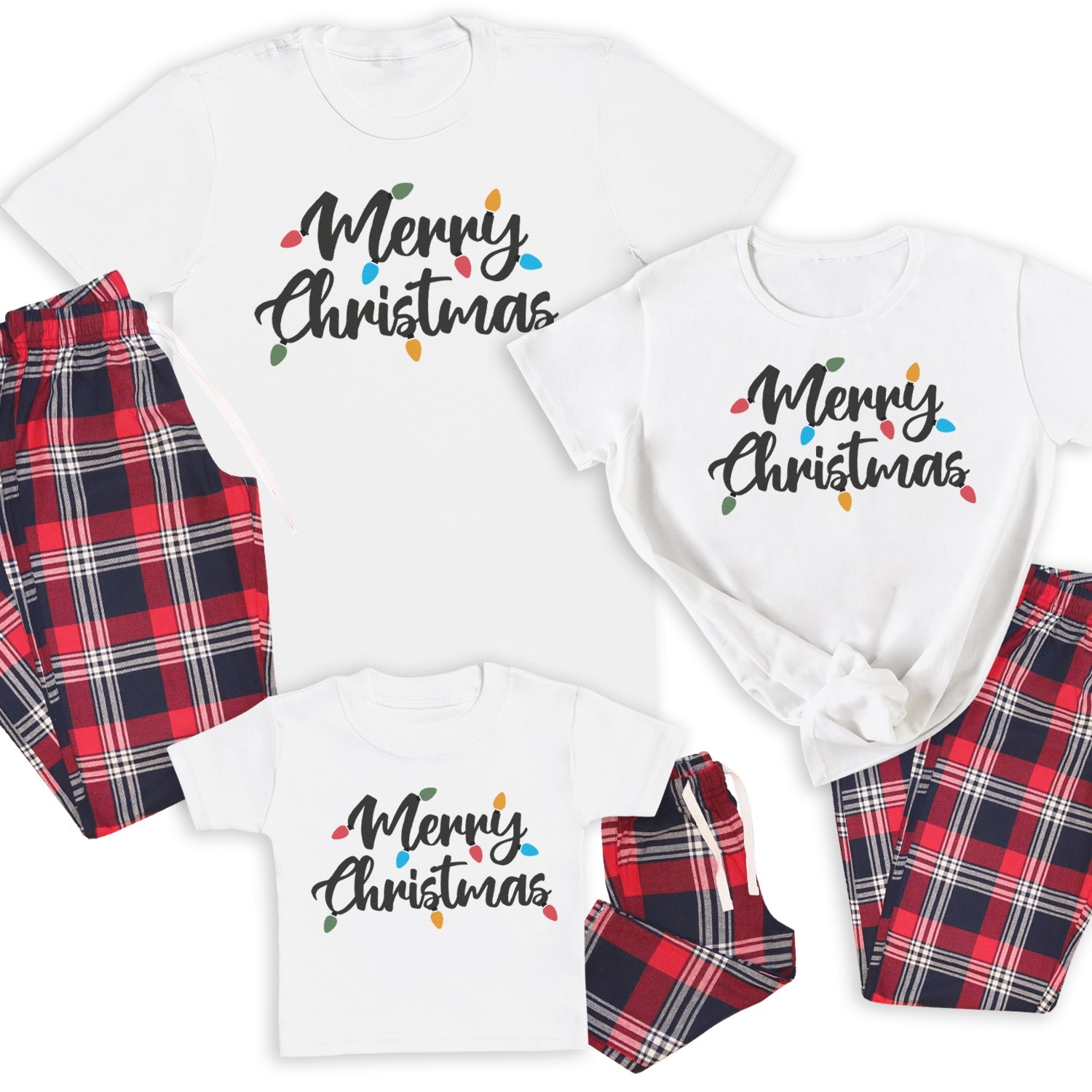 Merry Christmas - Family Matching Christmas Pyjamas - Top & Tartan PJ Bottoms - (Sold Separately)