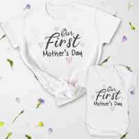 Our First Mothers Day - Baby T-Shirt & Bodysuit / Mum T-Shirt Matching Set - (Sold Separately)