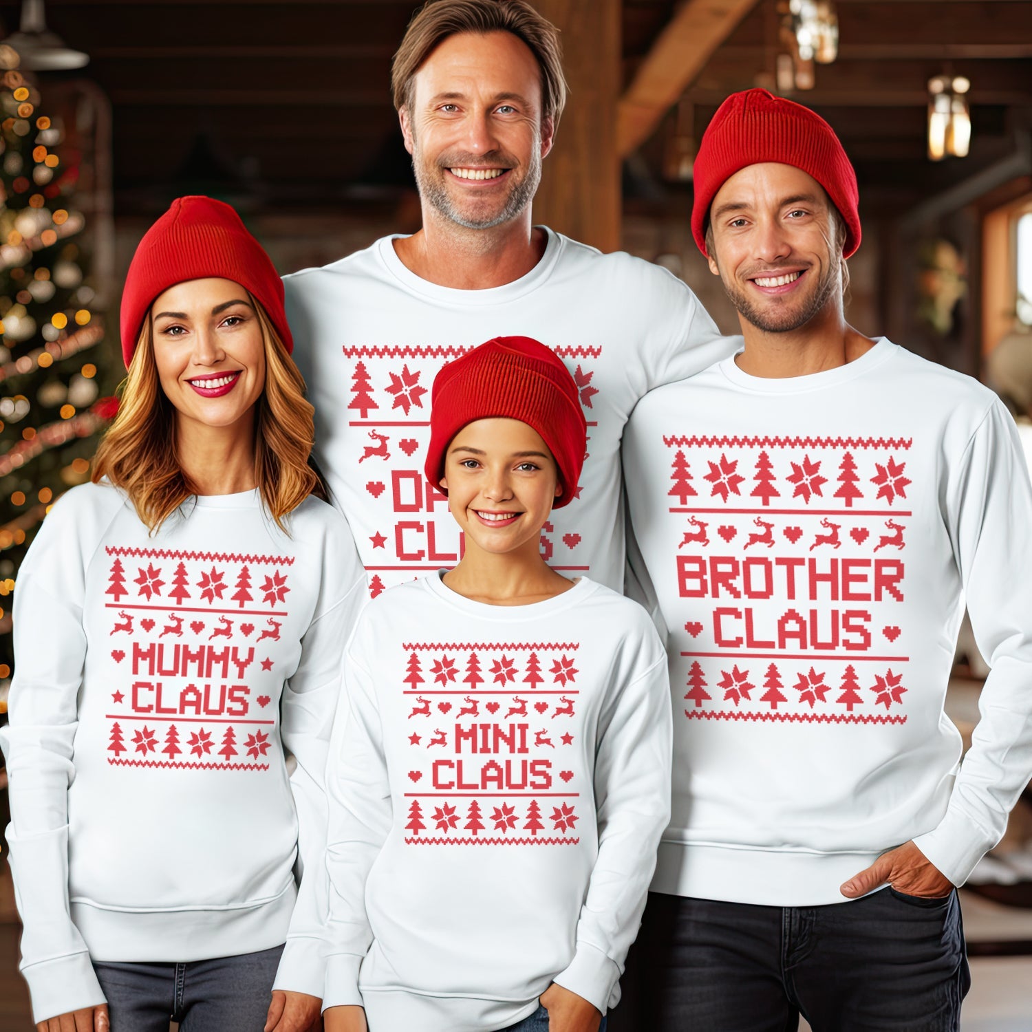 Claus Family Names Pattern Christmas Sweater - Christmas Jumper Sweatshirt - White - All Sizes