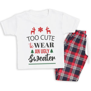 Too Cute For An Ugly Sweater - Family Matching Christmas Pyjamas - Top & Tartan PJ Bottoms