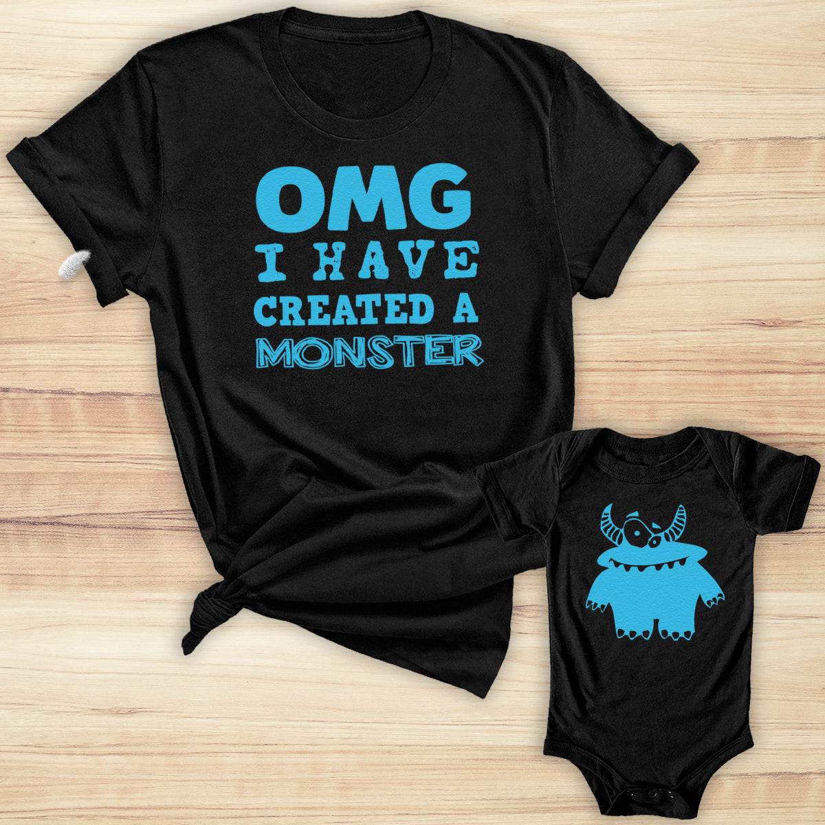 OMG I've Created A Blue Monster! - Baby T-Shirt & Bodysuit / Mum T-Shirt Matching Set - (Sold Separately)