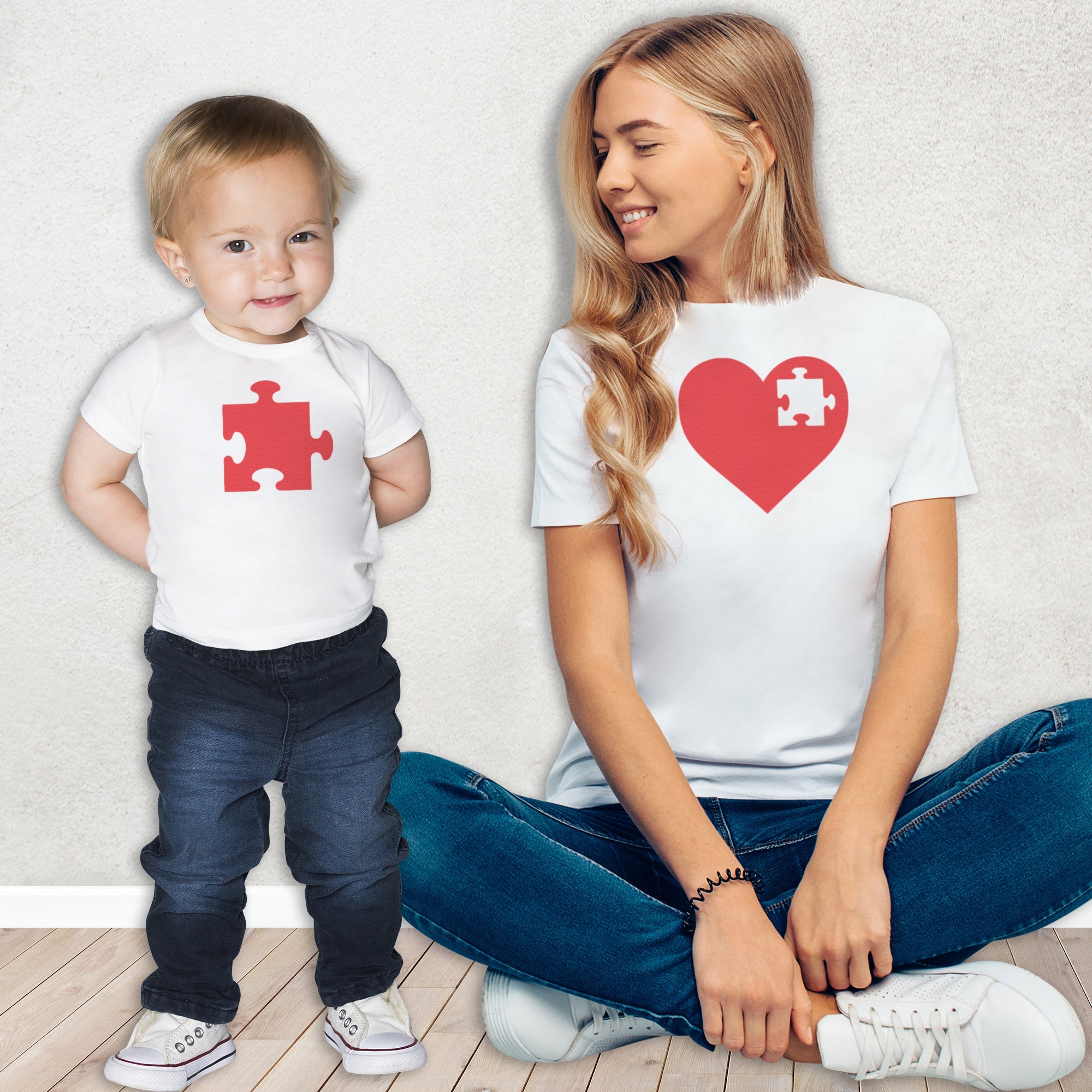 Heart And Puzzle Piece - Baby T-Shirt & Bodysuit / Mum T-Shirt - (Sold Separately)